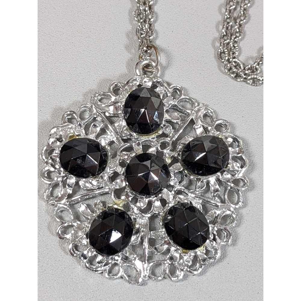 Vintage Silverโ Tone Gray Glass Round Medallion Pendant Long Necklace 24 inch
